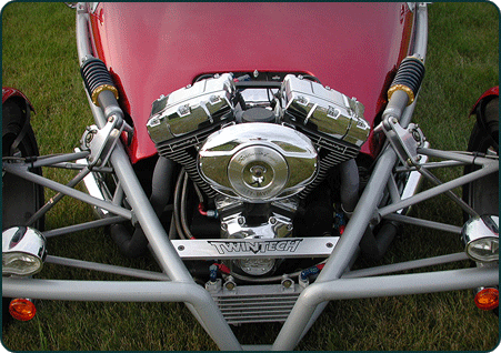 Front view of the TwinTech, including its Screamin’ Eagle engine and nose badge